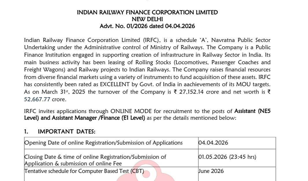 IRFC Recruitment 2026 – കേന്ദ്ര സർക്കാർ ജോലി അവസരം